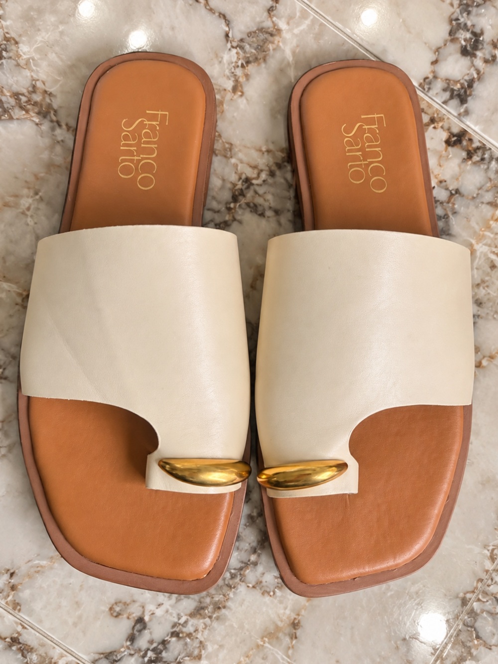 Franco Sarto Ivory Leather Slide Sandals with Gold Accent